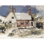 A framed watercolour study of a cottage signed Gra