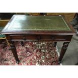 A mahogany desk with fluted legs, leather top and