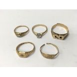 A collection of 9ct gold 5 rings. Weight approx 7.