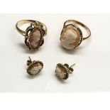 Two 9ct gold cameo rings and conforming stud earri