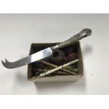 Seven lacemakers bobbing, silver handed cheese knife and small soapstone.
