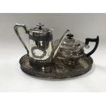 Silver plated gallery tray, teapot and coffee pot.