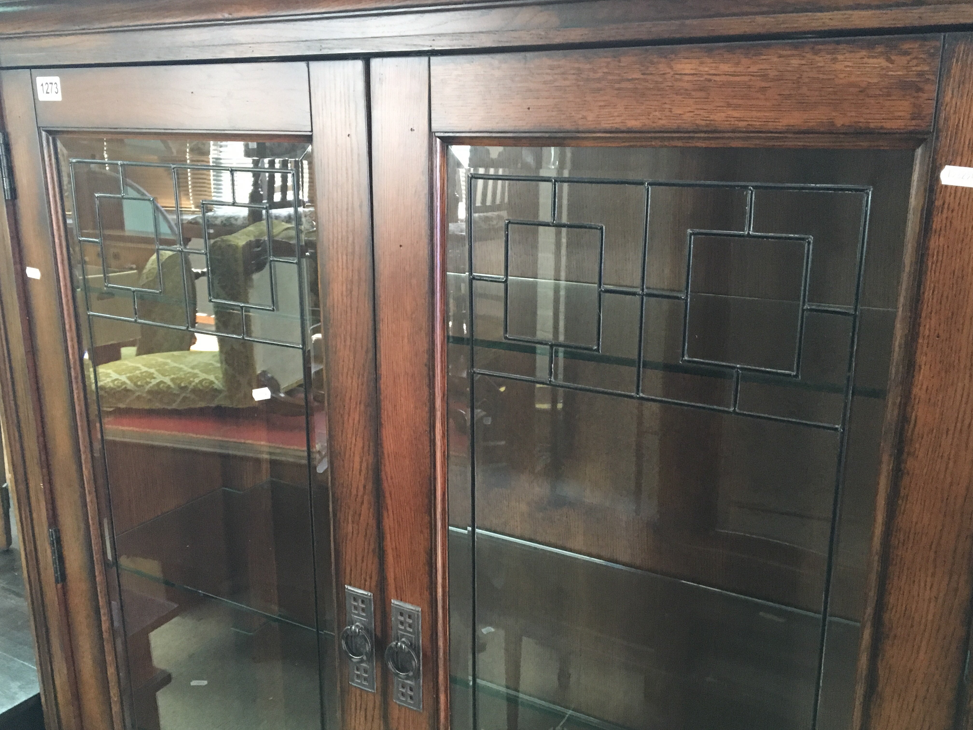 A Modern Quality Oak Display cabinet with lead lig