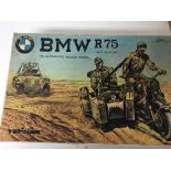 A plastic model kit of a BMW R75 motorcycle and sidecar made by esci (part made)