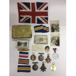 WITHDRAWN - Two WW1 British medal groups in a Princess Mary tin plus various military related