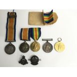 Three WW1 British War medals and two Victory medals awarded to various recipients plus two cap