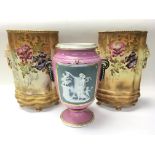 A Bargeware teapot, two Victorian blush ivory vase