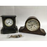 A Victorian slate mantle clock with enamel Roman N