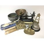 An assortment of oddments including a photo holder, letter holder and Indian bowl, Chinese scrolls