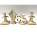 A pair of Worcester candle sticks, a small jug and