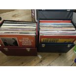 A box and three record boxes containing various LPs including soundtracks and compilations.