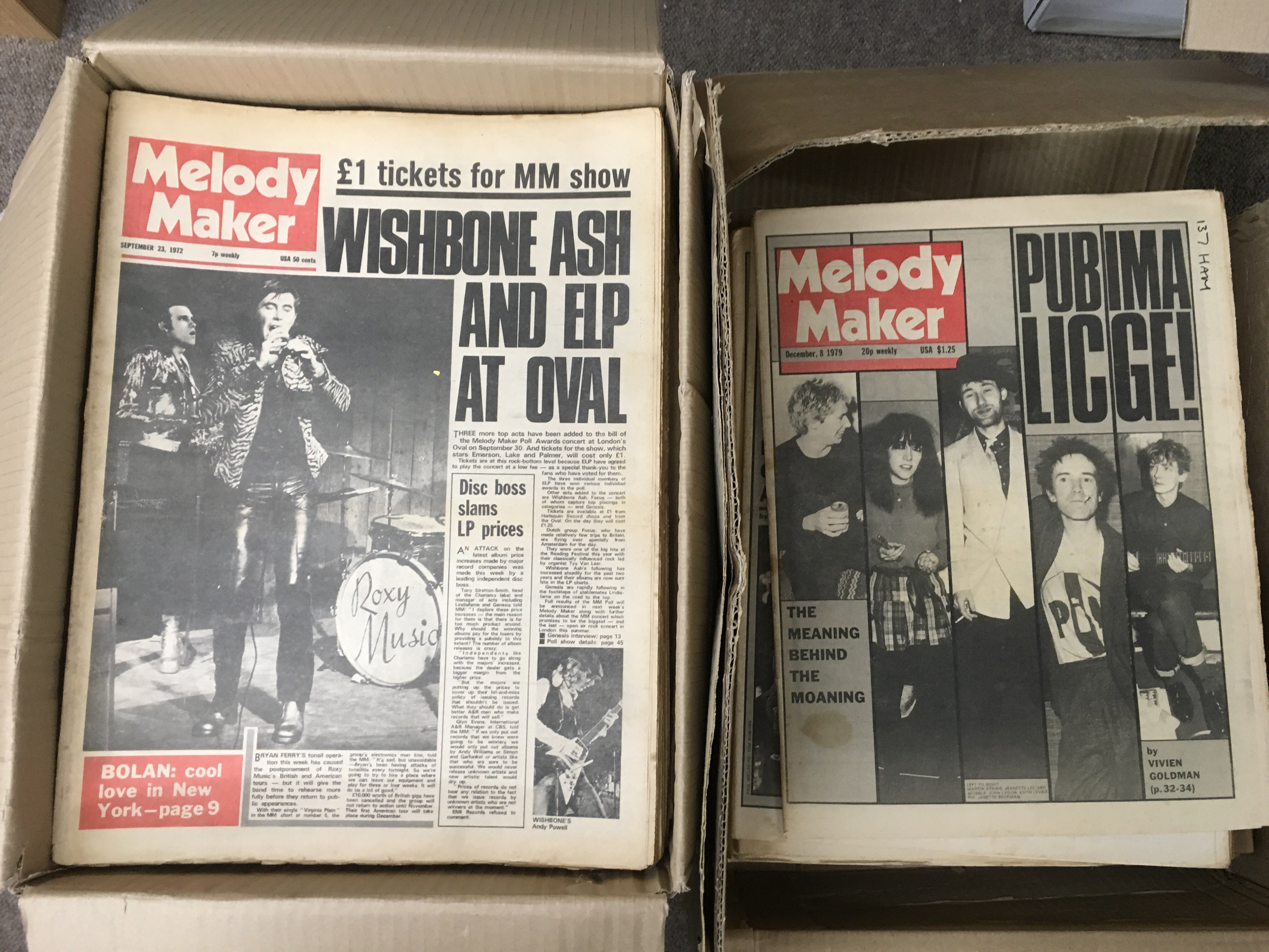 Seven boxes containing a large collection of vintage music magazines inoculated Melody Maker, NME,