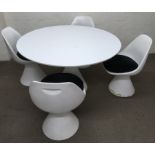 An Arcana circular stem table and four moulded fibre chairs, chairs marked, a/f.Approx 120x73cm