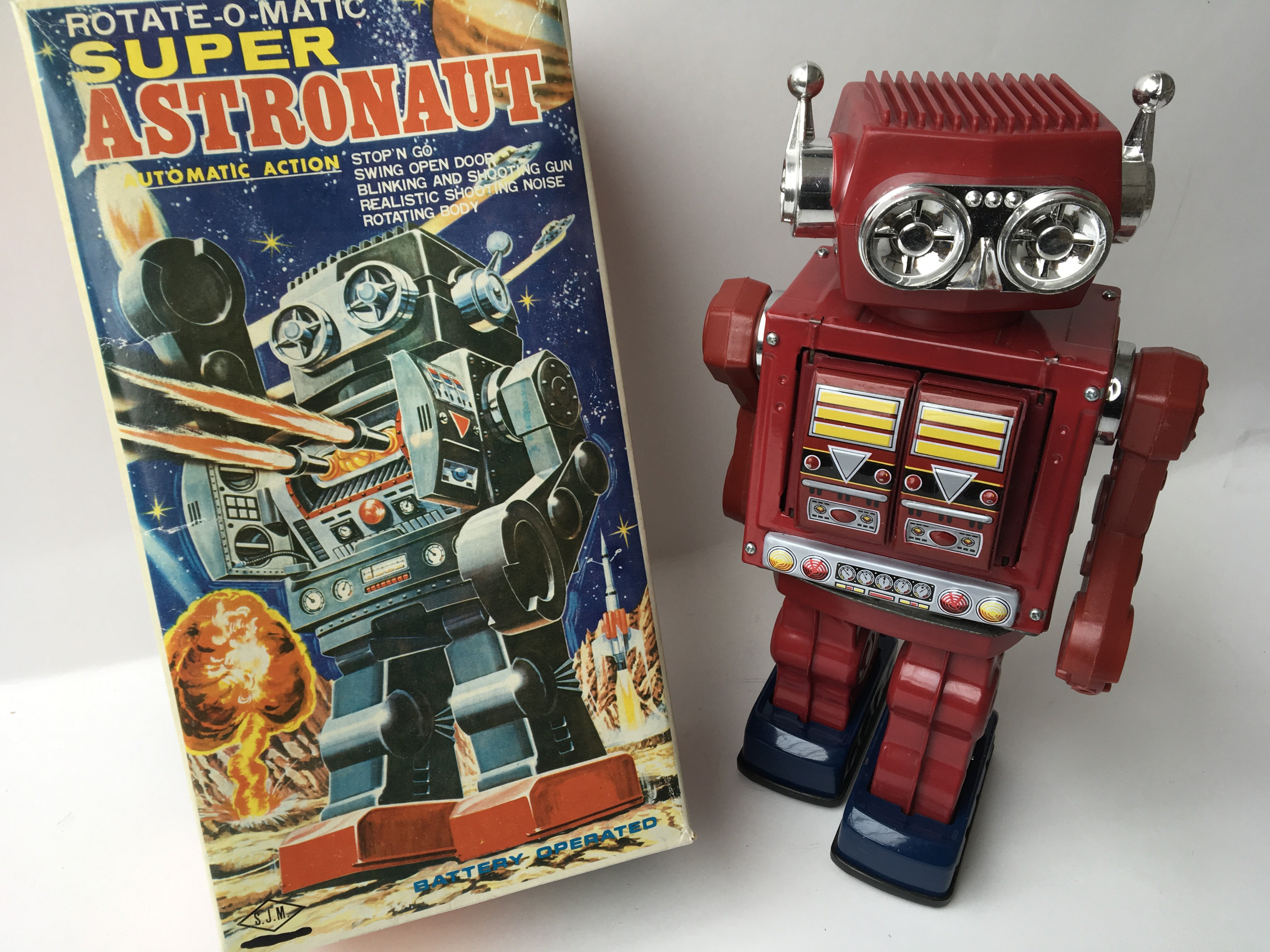 A Japanese boxed, plastic, battery operated, Rotate o matic, Super Astronaut Robot