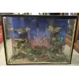 A large Victorian glass cased taxidermy bird group including kingfisher. Approx 24x76cm, one panel