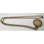 A 1931 gold mounted sovereign on chain.Approx 32cm