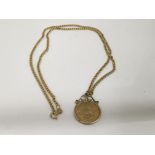 A 1/10th Krugerrand on gold chain.Approx 24.5, 6.3