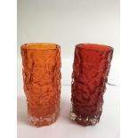 Two Whitefriars glass 'bark' vases in tangerine an