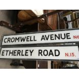 Two London Road signs. Cromwell Ave N6 and Etherley Road N15.