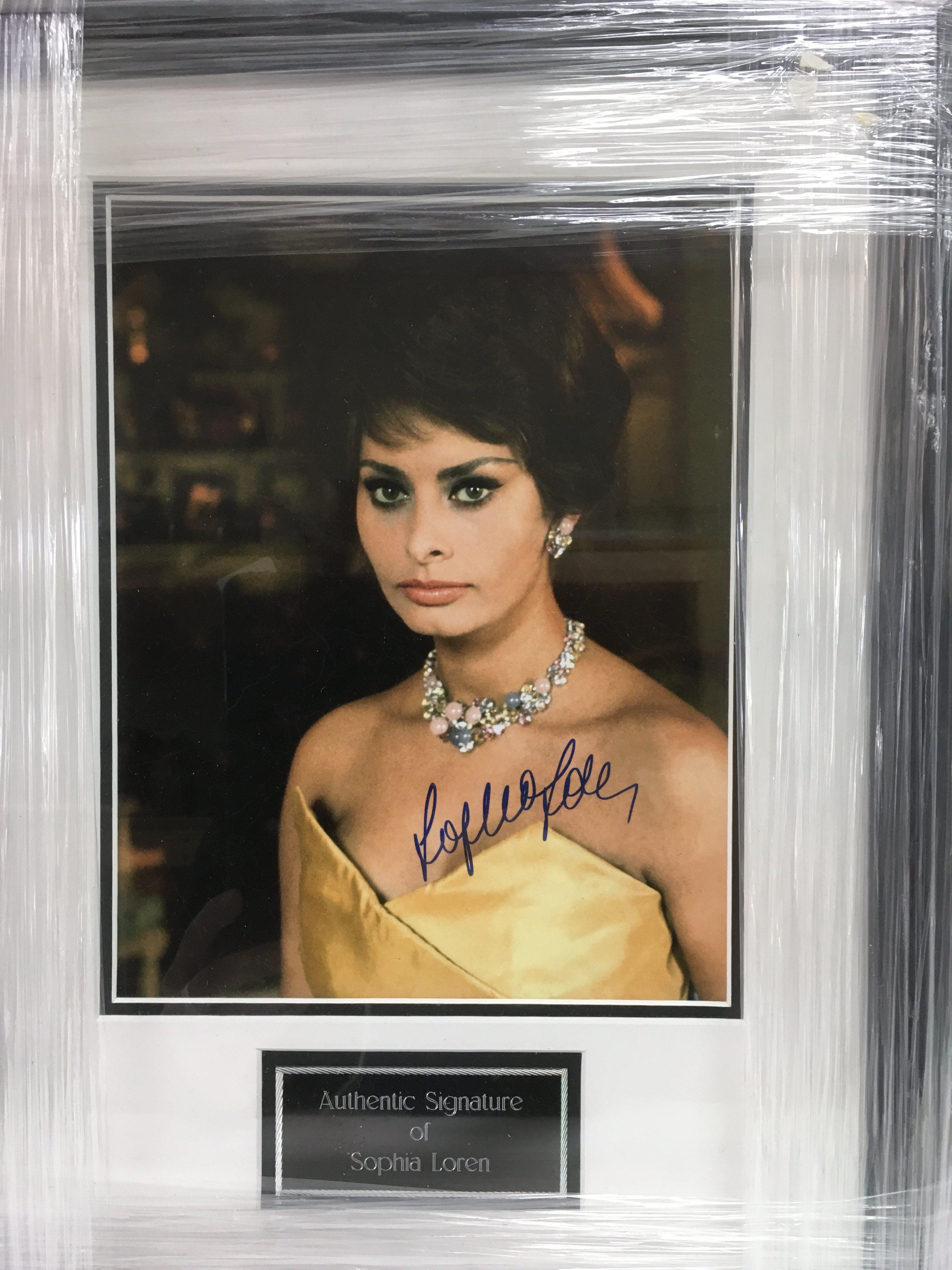 A framed and glazed photograph of Sophia Loren wit