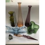 A collection of art glass including vases, bottles