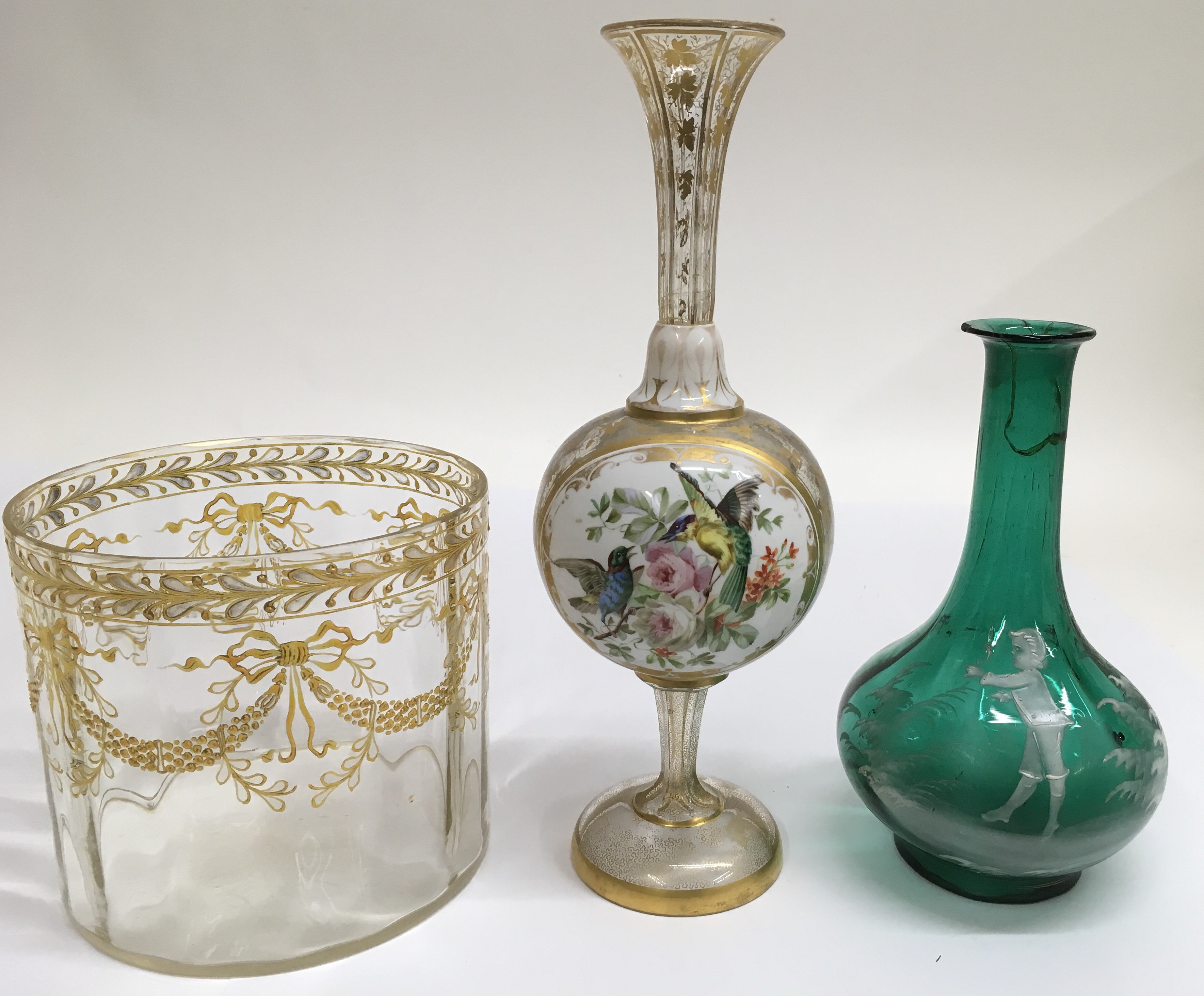 A fine Moser stem vase with central painted panels