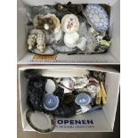Two boxes of various ceramics, two silver bowls et