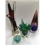 Four pieces of coloured glass comprising two vases