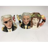 Two Royal Doulton caricature jugs dipicting Lord Nelson and Lady Hamilton and one other of