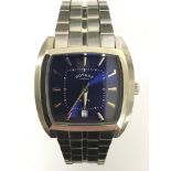 A gents Rotary Elite stainless steel wristwatch. The square blue dial has silver tone hour