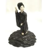 A Japanese bronze and ivory figure of a geisha girl, mounted on wooden base.Approx 27cm high, base