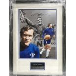 Three framed and glazed photographs of Chelsea FC players comprising Ron 'Chopper' Harris, Jimmy