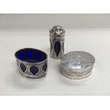 A silver trinket box and a two piece silver part c