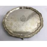 A silver tray with shaped edge, engraved.London hallmarks for Viners, approx 25cm, 431g