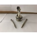 A good quality Ronson table lighter and two silver plated propelling pencils, one eversharp and
