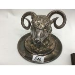 A silver plated inkwell in the form of a rams head 10 cm