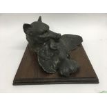 A spelter inkwell in the form of a Fox with game on a mahogany plinth 10 cm