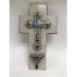 An antique French enamel and marble holy water stoop.