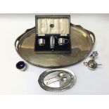 A collection of Art Deco style silver plate silver plate condiment set and other plated ware.