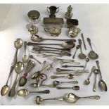 A large bag of mixed small silver and plate including a pair of silver wine tasters, sifter, 800
