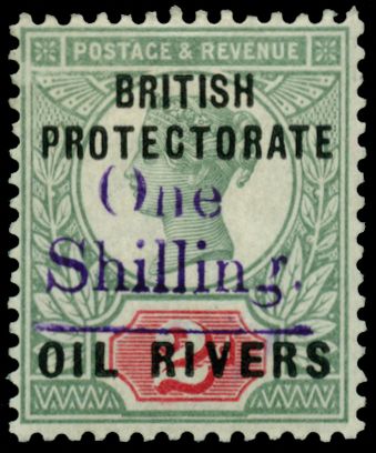 NIGER COAST 1893 (Dec) Old Calabar provisionals, 1s on 2d grey-green and carmine, handstamp type