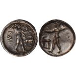 Ancient Coins, Greek Coins, Bruttium, Kaulonia (530-480 BC), silver nomos, KVΛV to l., Apollo nude