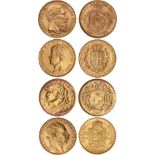 G Foreign Coins, Belgium, 20 francs, 1875; Hungary, 8 forint/20 francs, 1890; Italy, Sardinia, 20