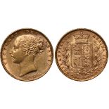 British Coins, Victoria, sovereign, 1874M, young head l., rev. crowned shield of arms within wreath,