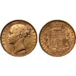 British Coins, Victoria, sovereign, 1879S, young head l., rev. crowned shield of arms within wreath,