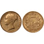 British Coins, Victoria, sovereign, 1872M, struck en médaille, young head l., rev. crowned shield of