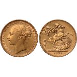 British Coins, Victoria, sovereign, 1871, WW buried in narrow truncation, horse with long tail, no