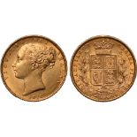 British Coins, Victoria, sovereign, 1873S, young head l., rev. crowned shield of arms within wreath,