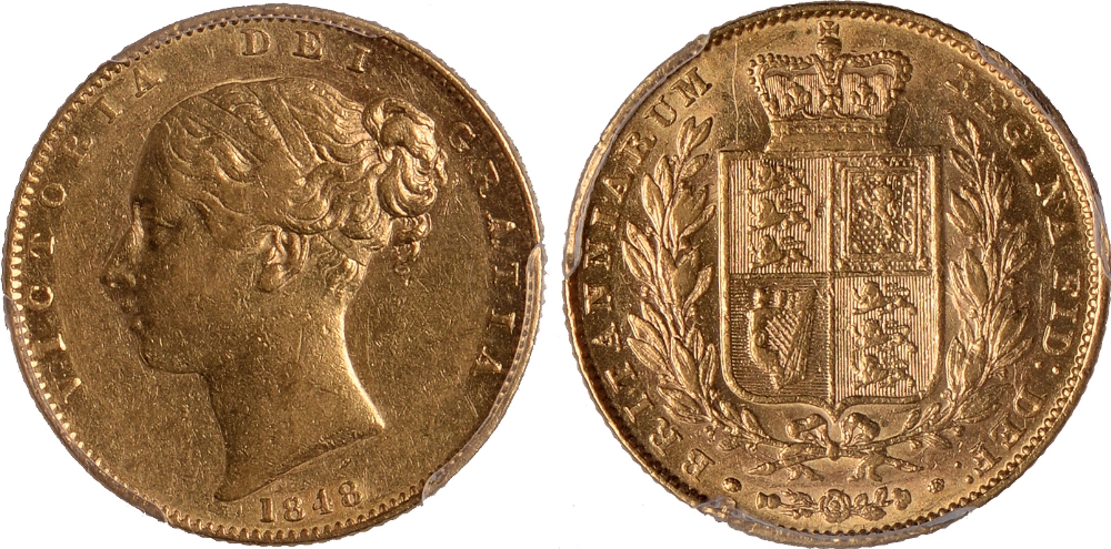 British Coins, Victoria, sovereign, 1848, first (small) young head l., rev. crowned shield of arms