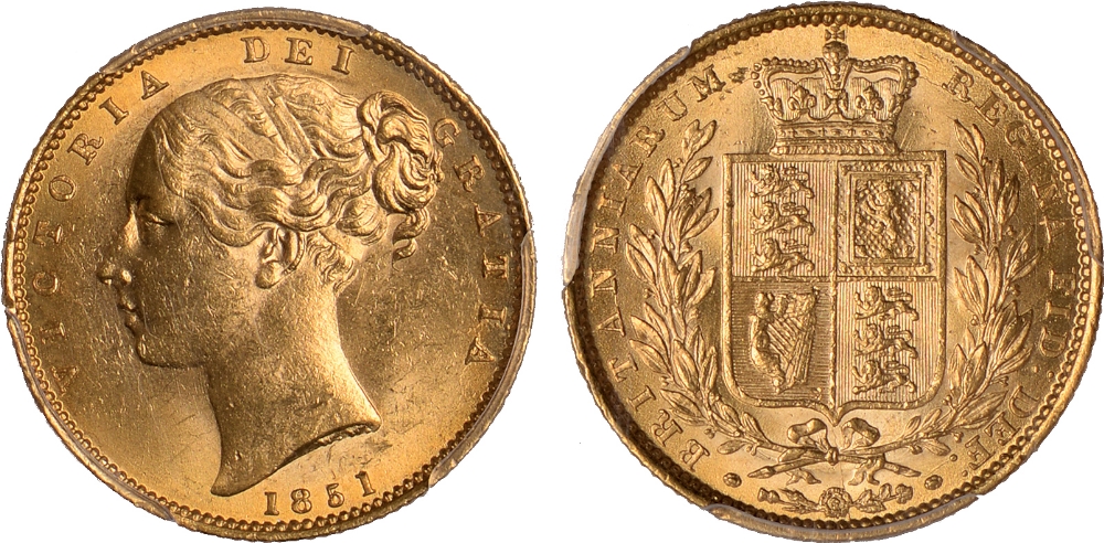 British Coins, Victoria, sovereign, 1851, young head l., rev. crowned shield of arms within